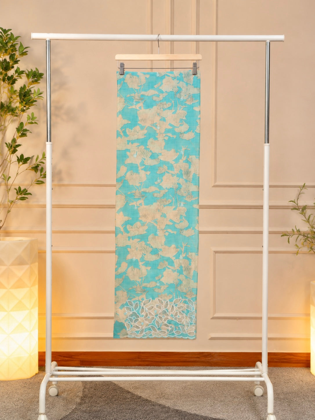 Vibrant Turquoise Blue Floral Chanderi Unstitched Suit Set