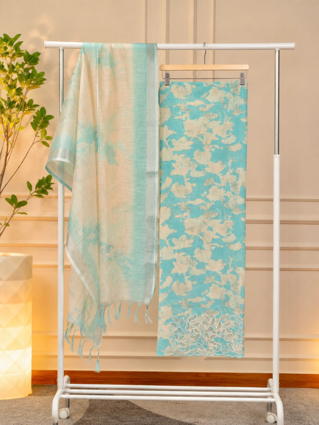 Vibrant Turquoise Blue Floral Chanderi Unstitched Suit Set