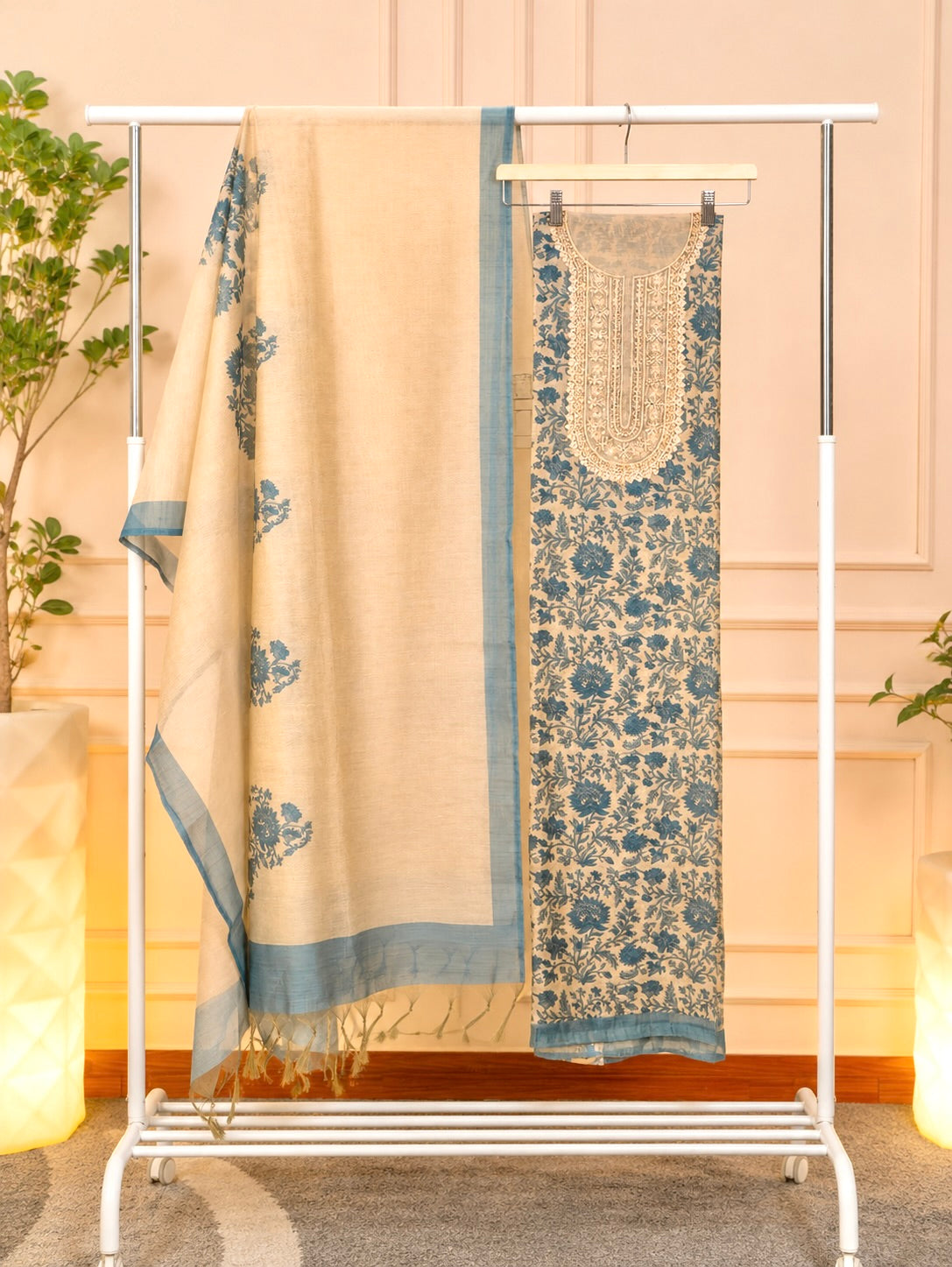 Elegant Ivory & Indigo Blue Chanderi Floral Unstitched Suit Set