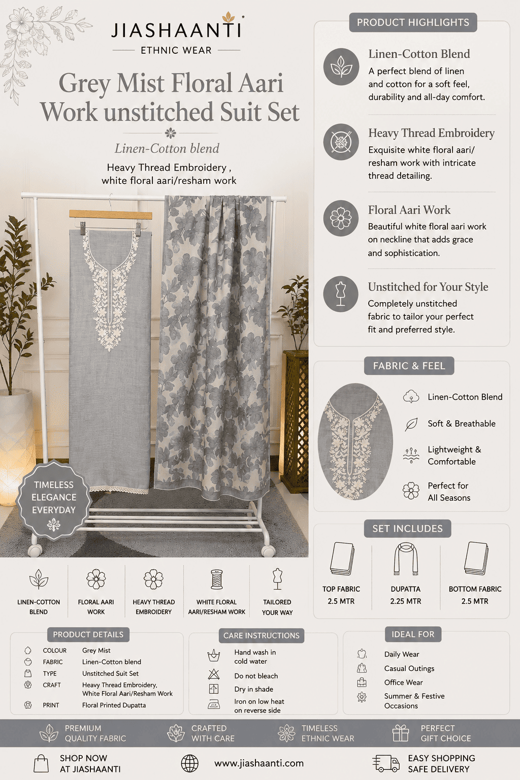 Grey Floral Aari Embroidery Unstitched Suit Set Texture – Jiashaanti
