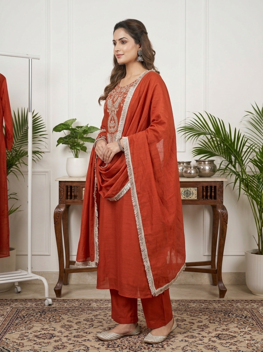 Sunkissed Heritage Amber Orange Stitched Suit Set side view showcasing intricate handcrafted detailing, graceful silhouette and premium fabric