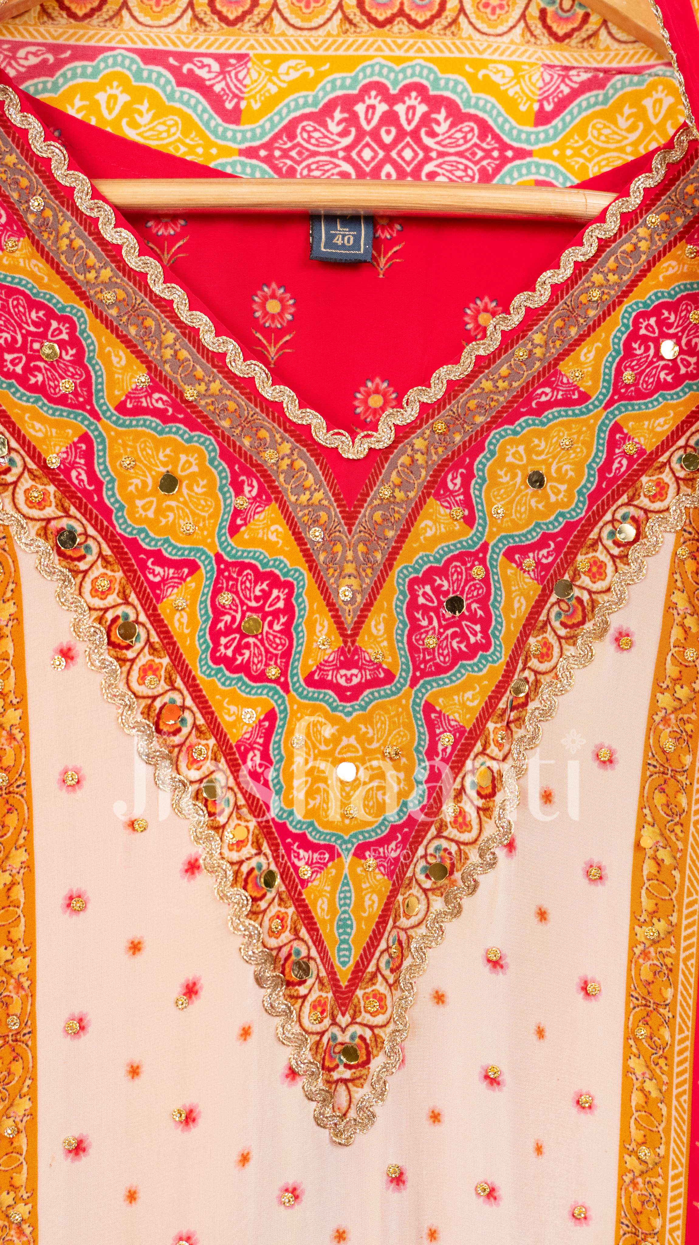 Striking Crimson and Golden Unstitched Suit Set side view showcasing intricate craftsmanship, festive appeal and premium fabric
