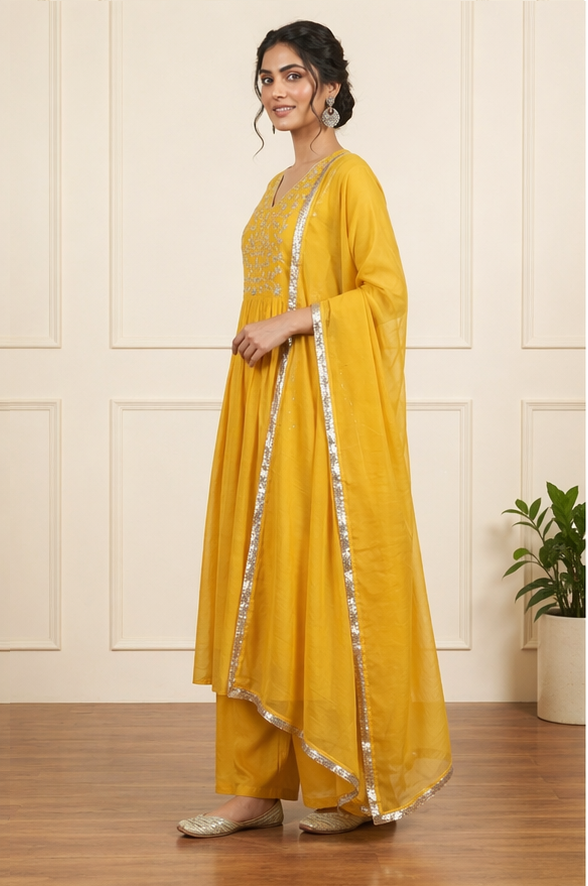 Haldi Yellow Mul Chanderi Suit Set side view showcasing graceful drape, intricate detailing and rich yellow color