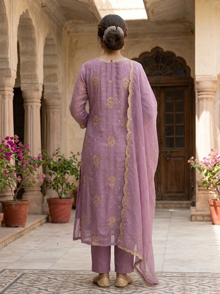 Floral Sequin Zari Chanderi Ensemble Suit Set Back View | Jiashaant