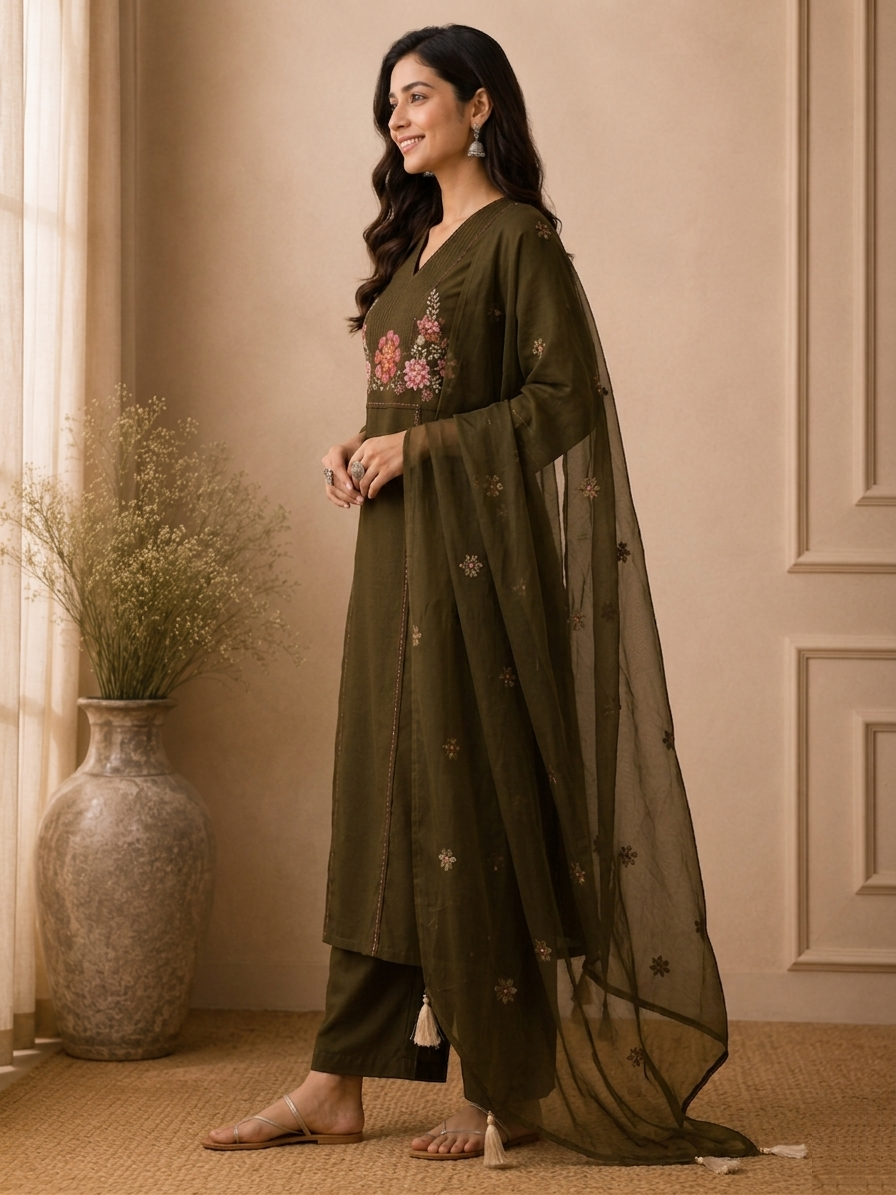 Vertical contrast stitch piping panel details olive green kurta creating elongated flattering silhouette
