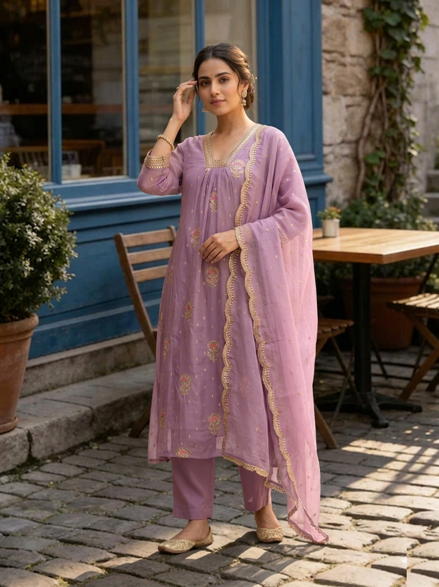 Floral Sequin Zari Chanderi Suit Set Front View | Jiashaanti

