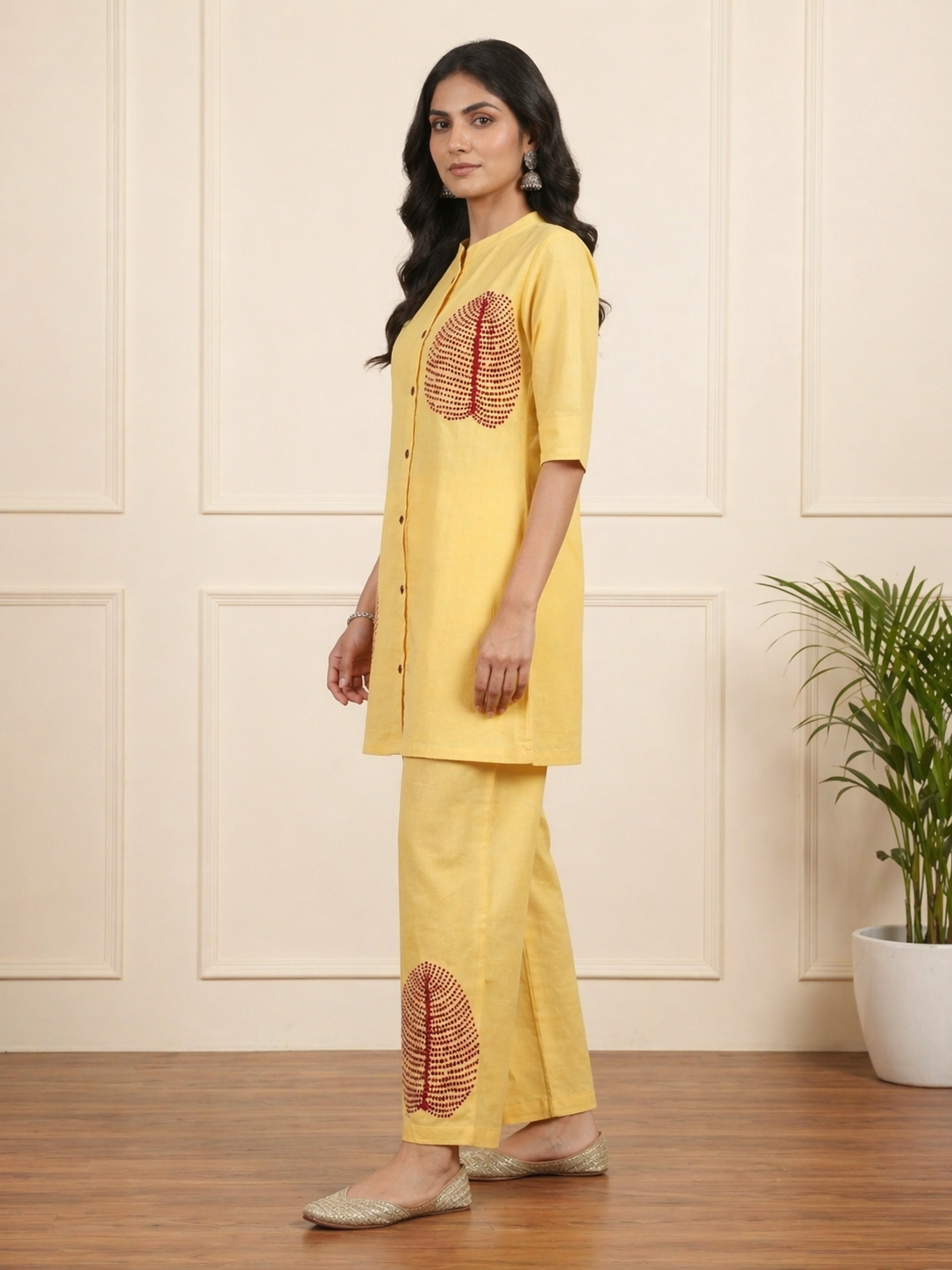 Marigold Yellow cotton co-ord crush set — full length side view showing relaxed silhouette, easy fit and premium pure mul cotton fabric drape