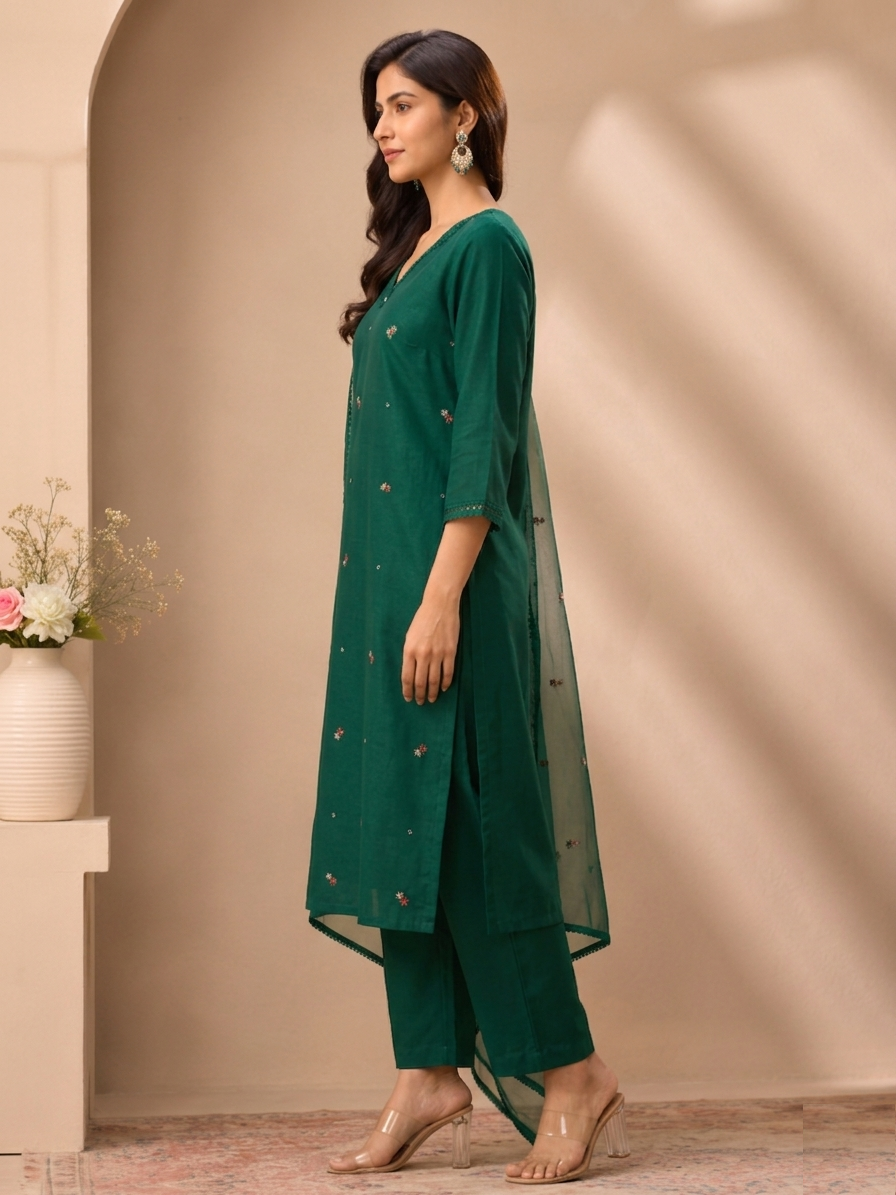 Emerald Forest Embroidered Muslin Suit Set with Dupatta