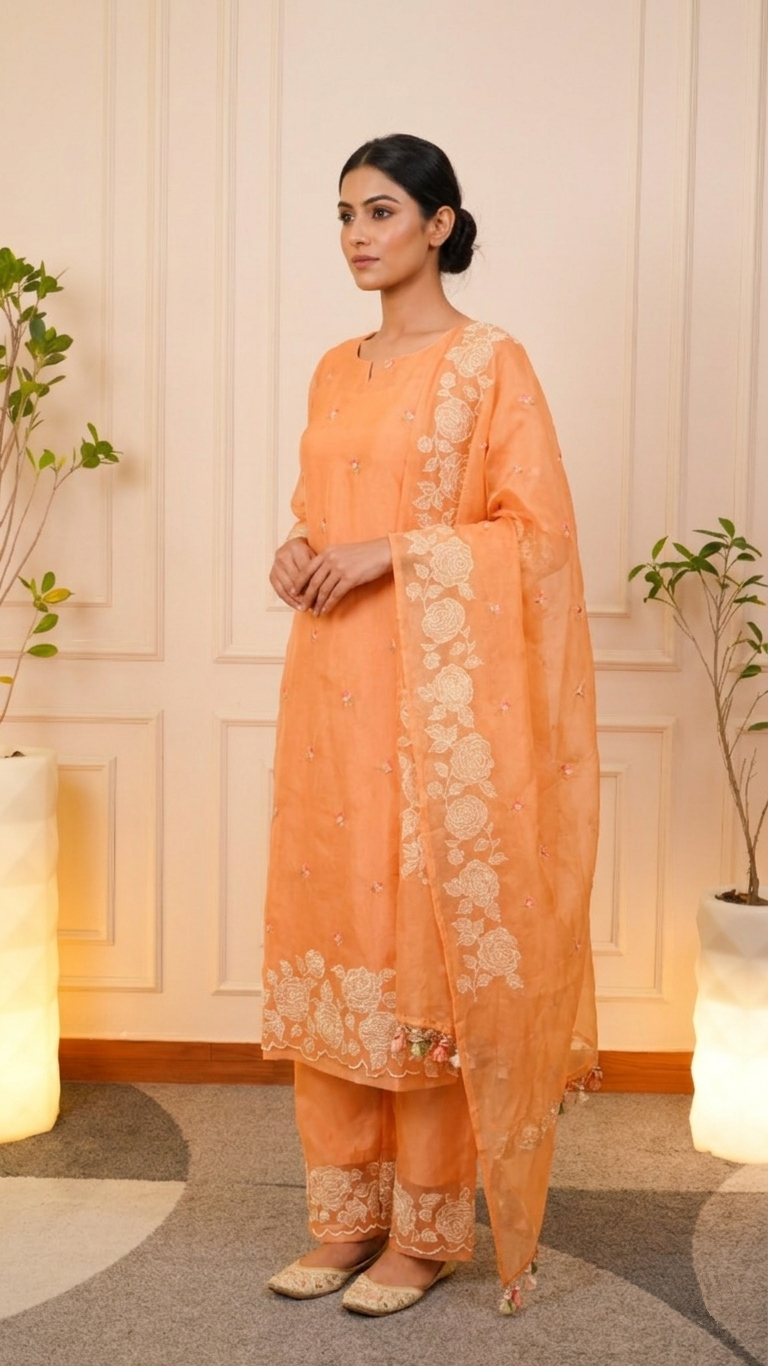 Peach Blossom Pure Organza Rose Embroidered Suit Set