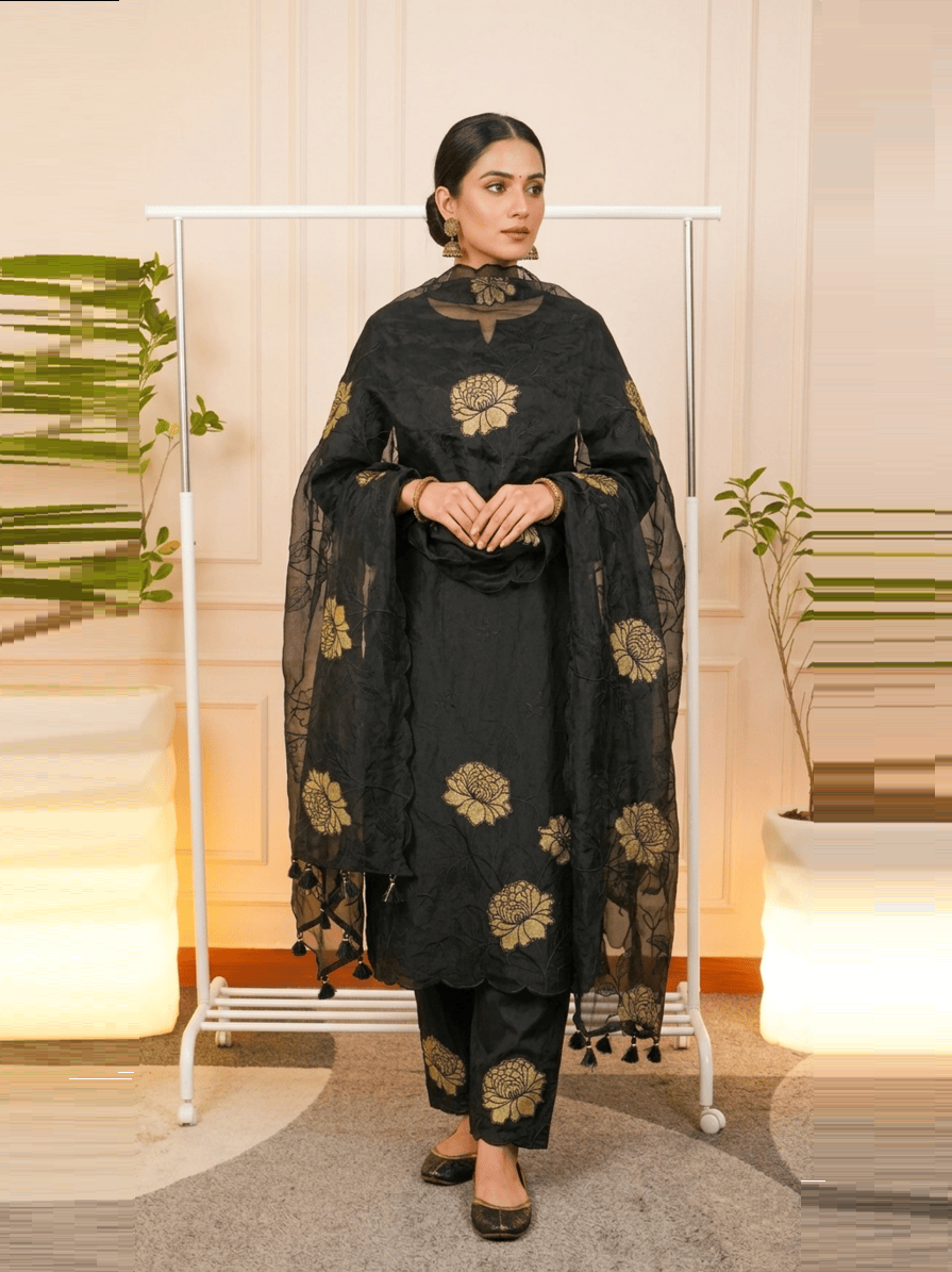 Midnight Noir Embroidered Organza Unstitched Suit Set