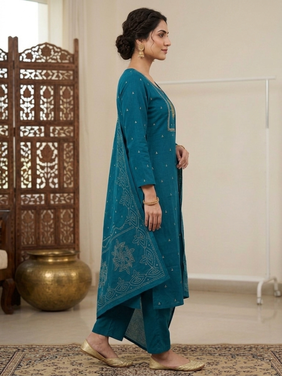 Teal Blue Cotton Mul Chanderi Ensemble Suit Set