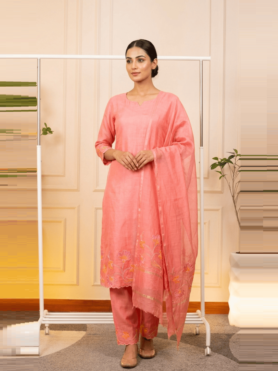 Product Name Coral Bloom Hand-Embroidered Chanderi Silk Unstitched Suit Set