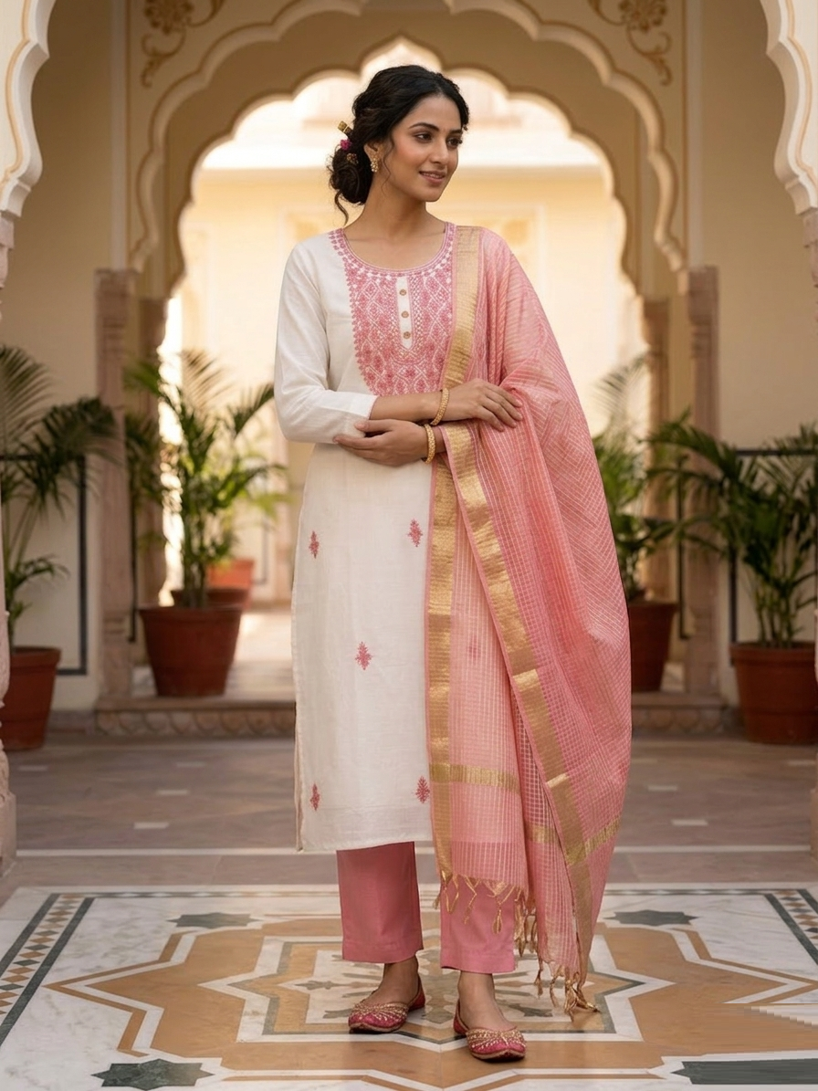 Ivory & Dusty Rose Cotton Voile Ensemble Suit Set