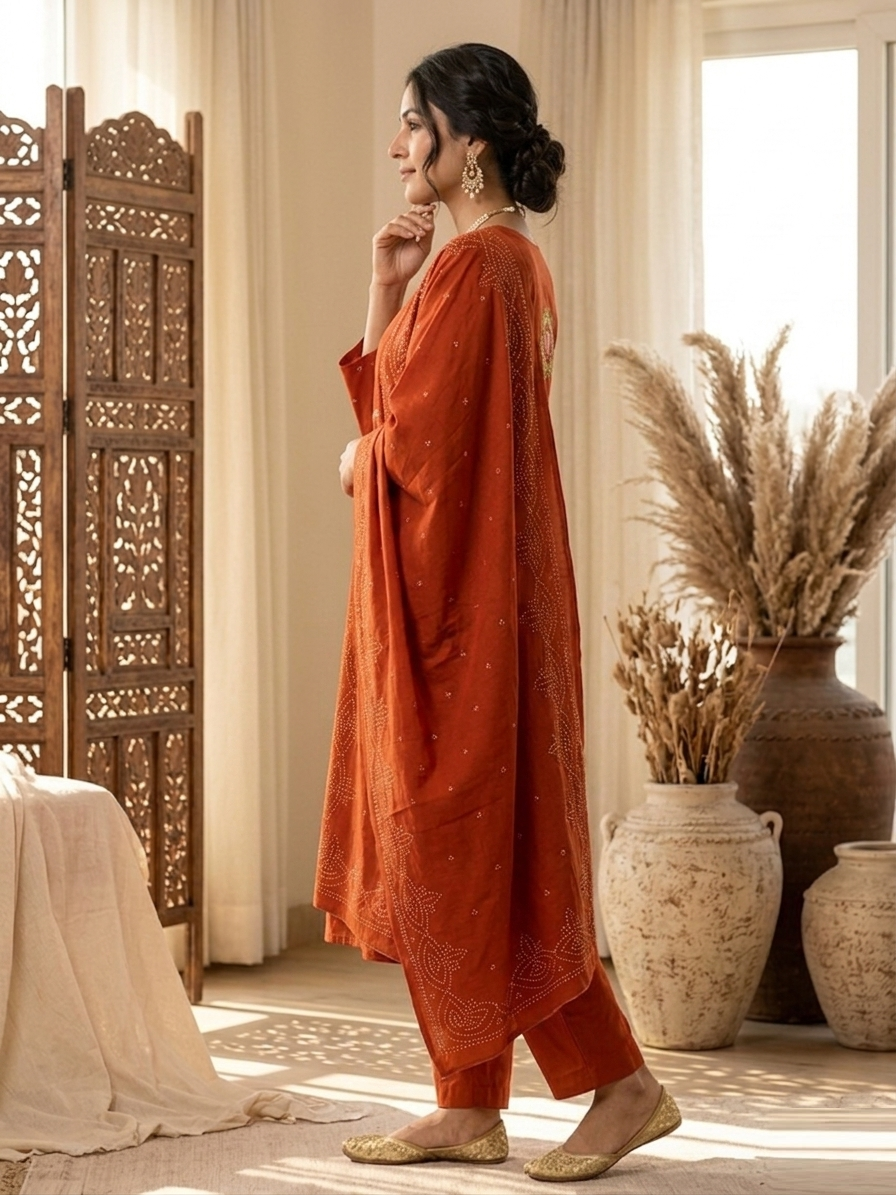 Burnt Orange Cotton Mul Chanderi Ensemble Suit Set