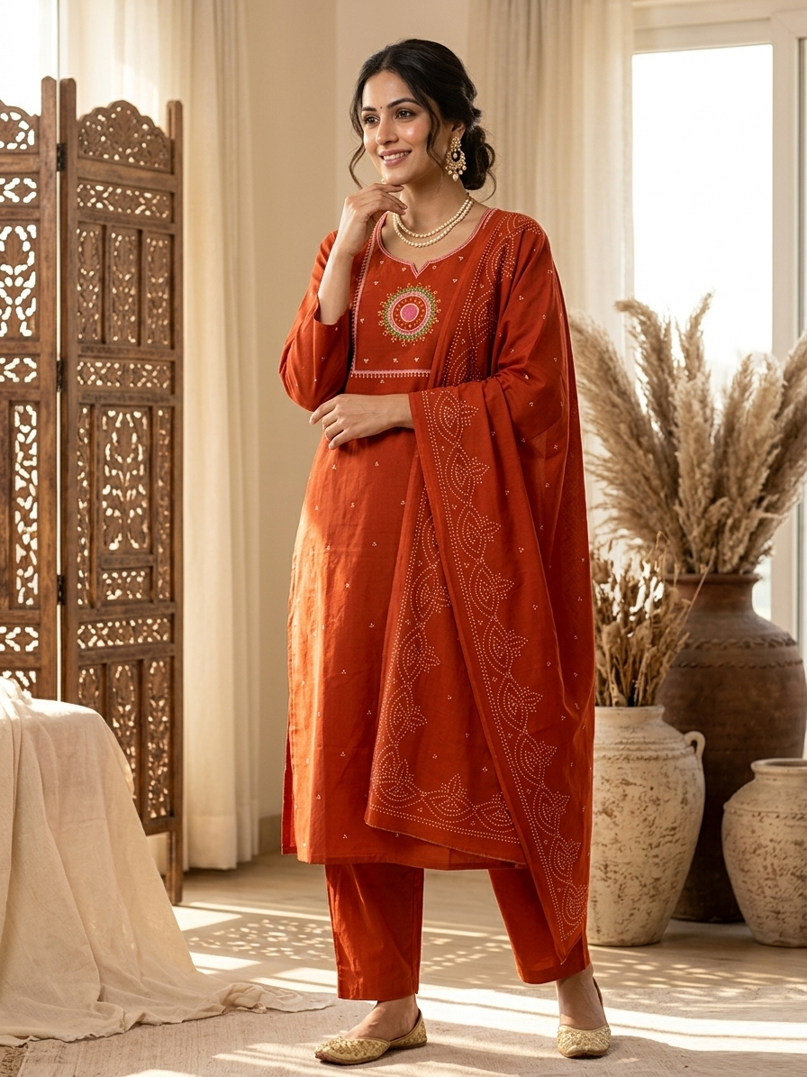 Burnt Orange Cotton Mul Chanderi Ensemble Suit Set