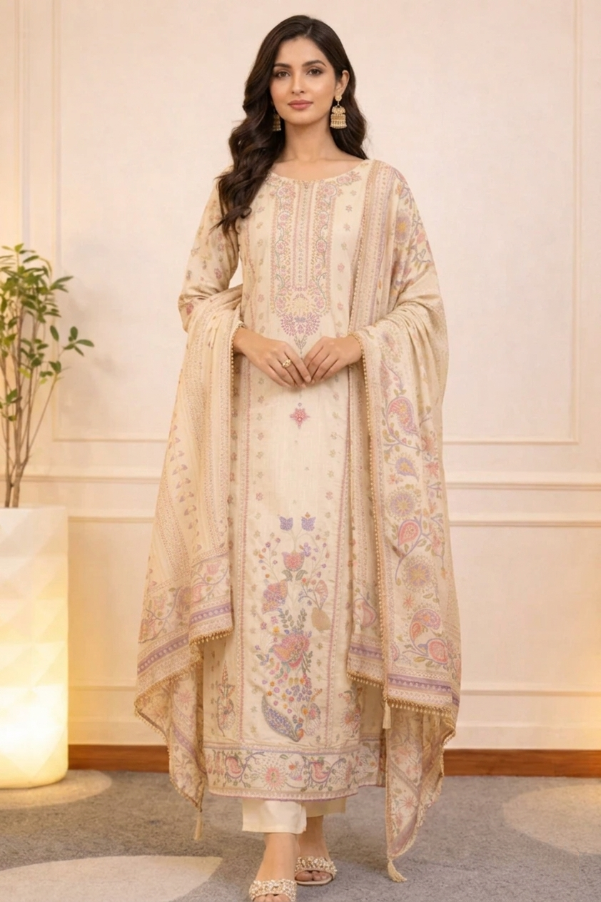 Elegant Cream Unstitched Suit