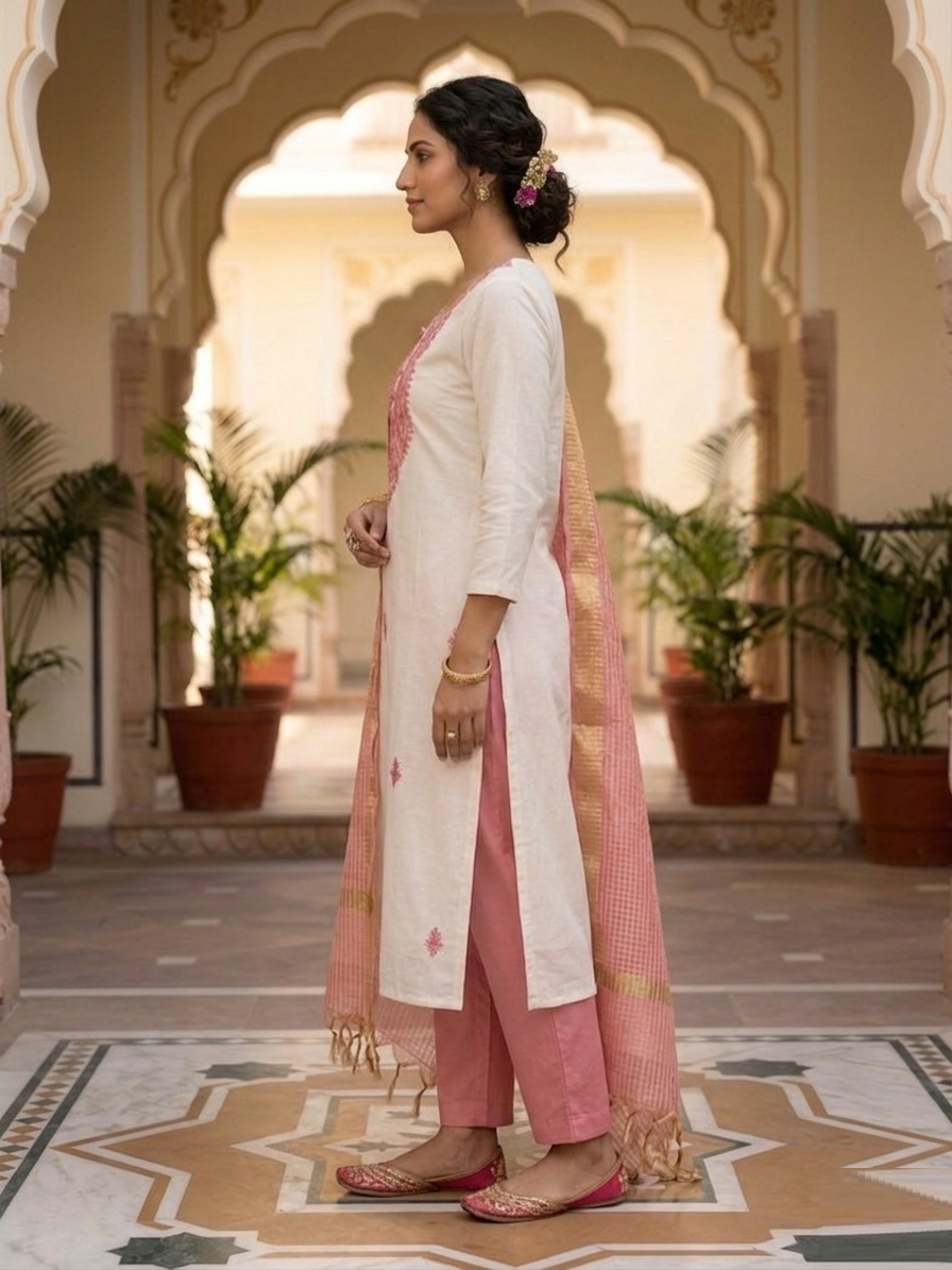 Ivory & Dusty Rose Cotton Voile Ensemble Suit Set
