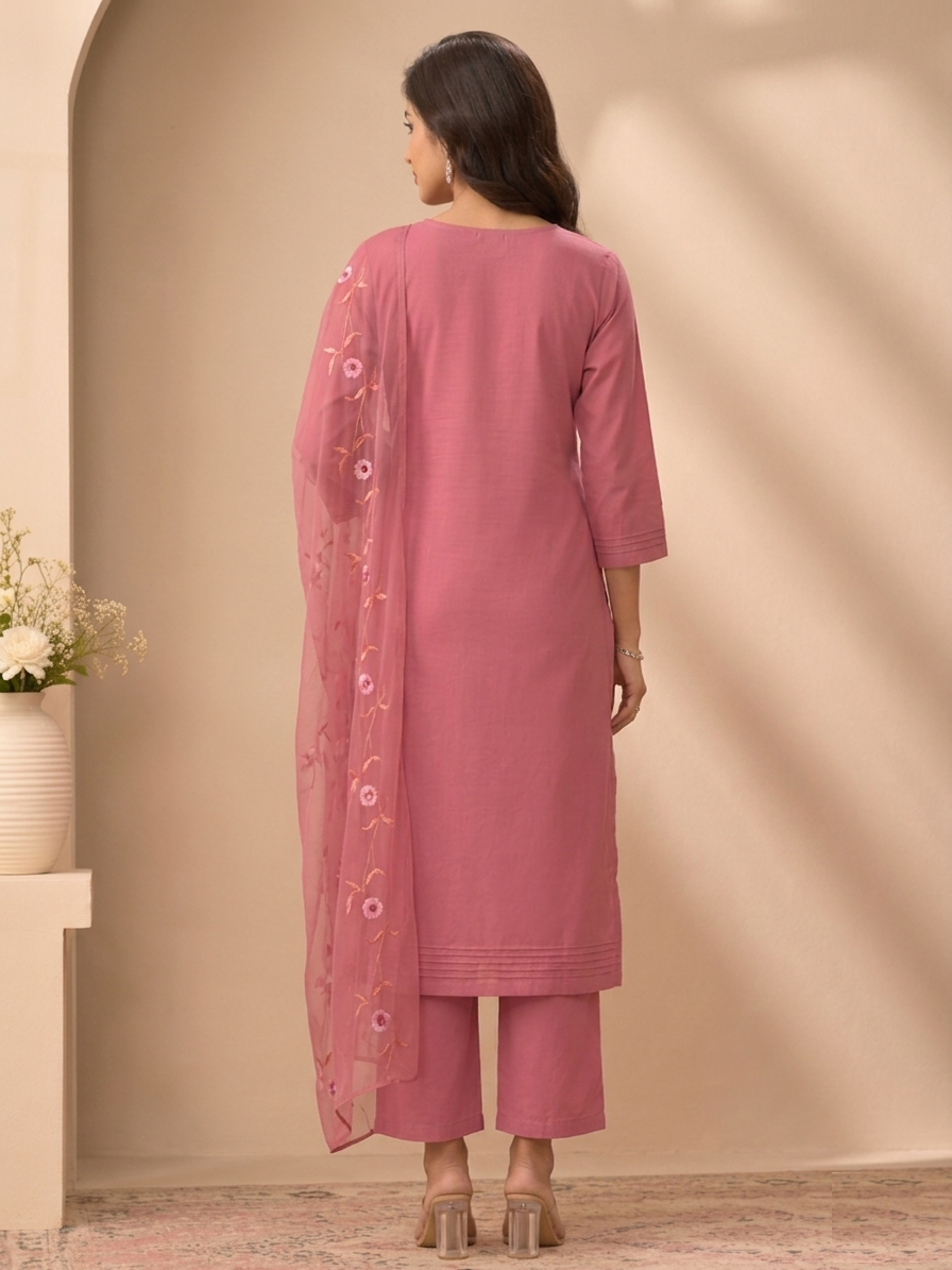 Dusty Rose Embroidered Muslin Suit Set with Floral Organza Dupatta