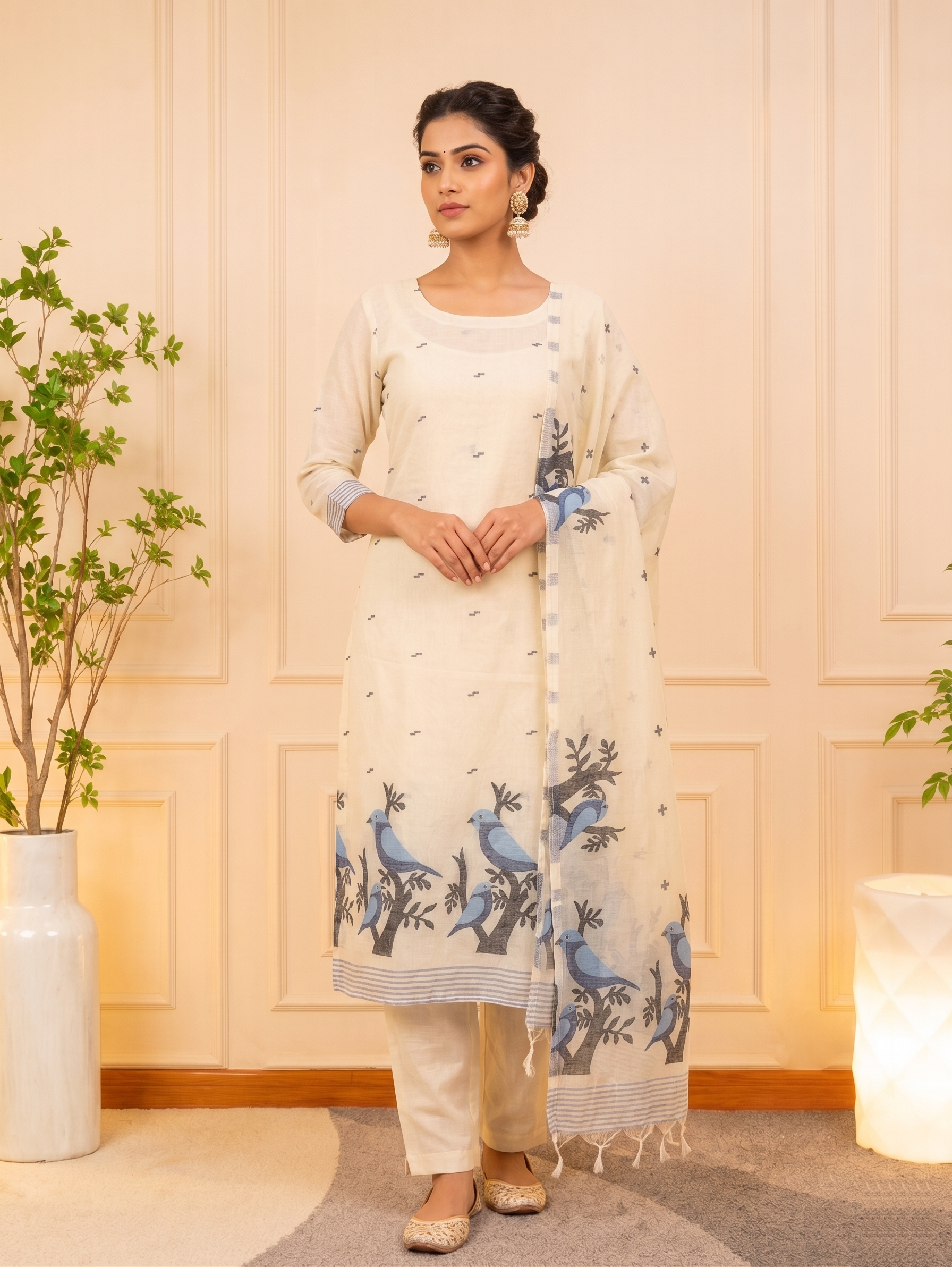 Handcrafted Ivory Cotton-Silk Block Print Suit Set with Blue Bird Motifs