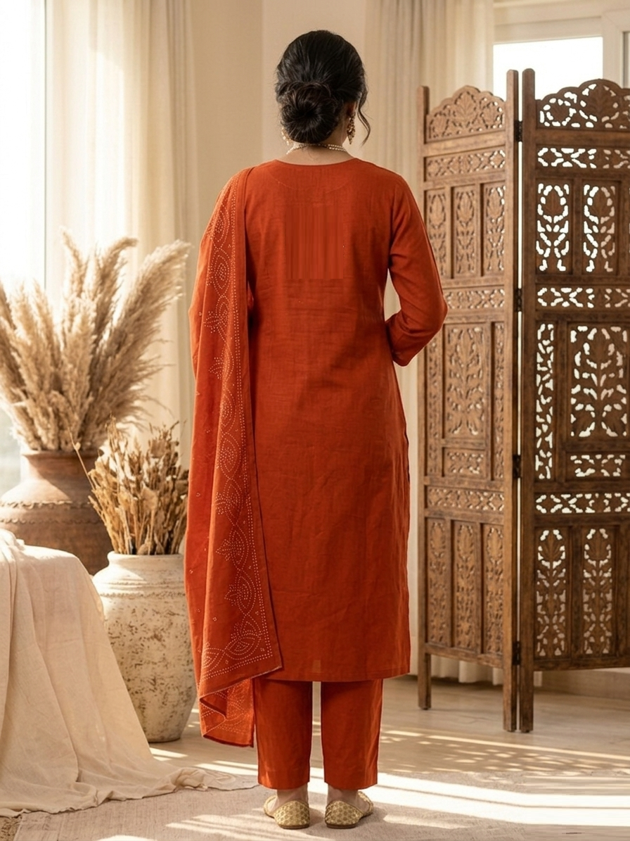 Burnt Orange Cotton Mul Chanderi Ensemble Suit Set