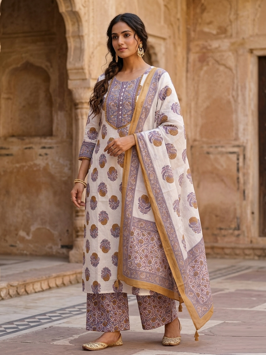 Lavender & Ochre Block-Printed Cotton Suit Set