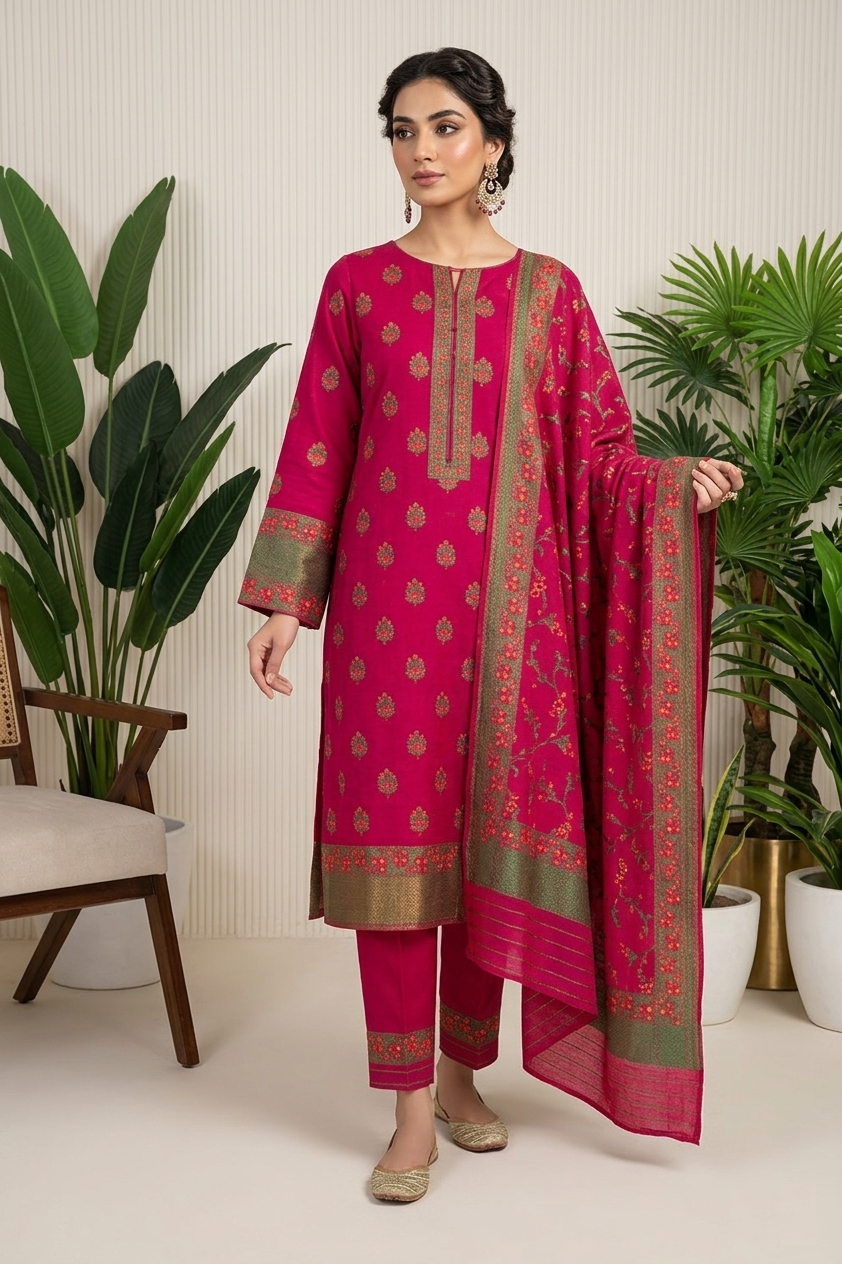 Vibrant Fuchsia Bloom Unstitched Suit Set