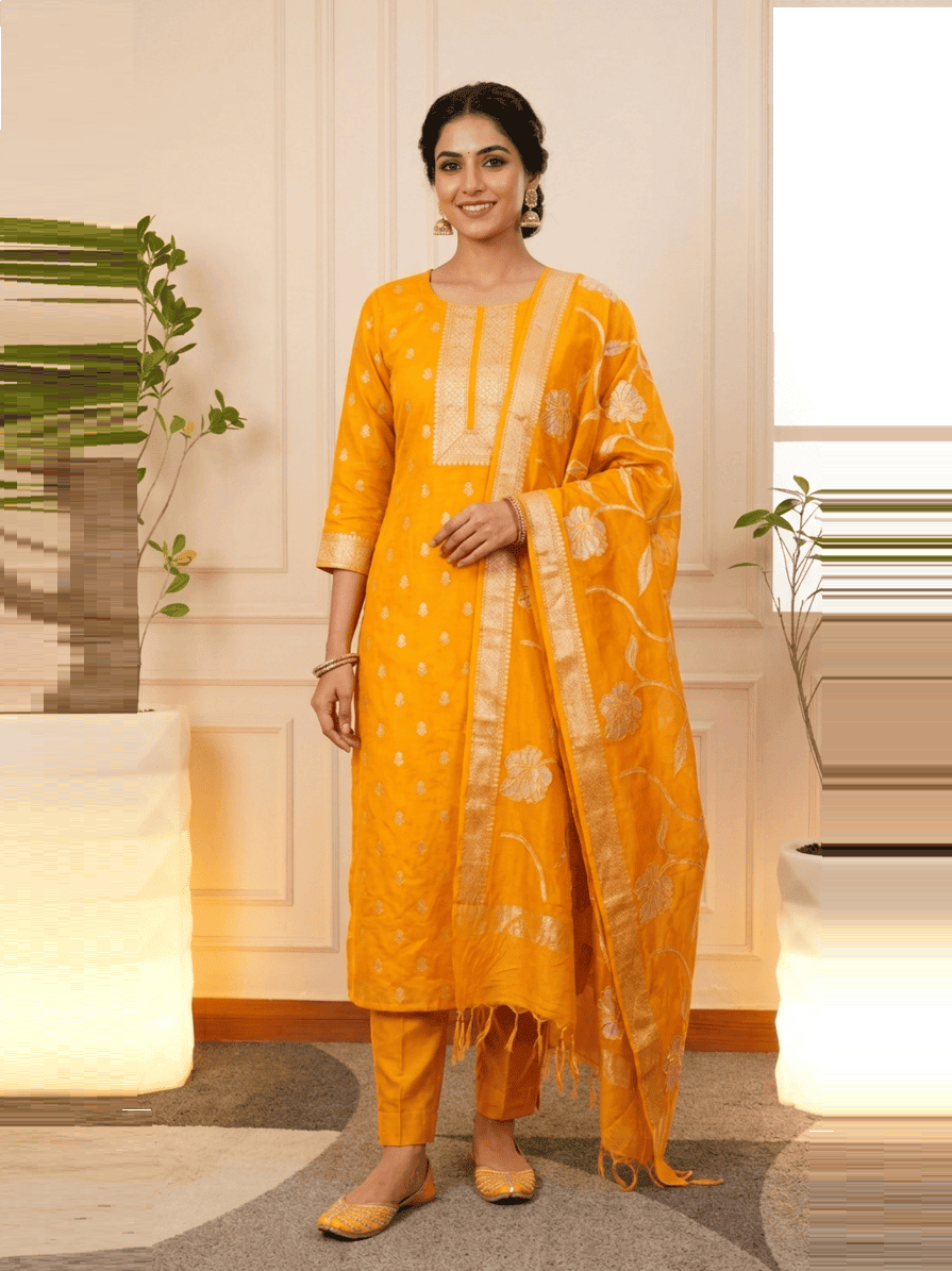 Saffron Blossom Pure Organza Unstitched Suit Set