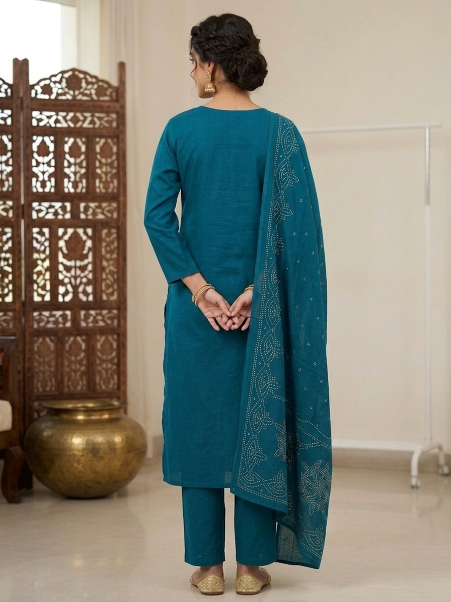 Teal Blue Cotton Mul Chanderi Ensemble Suit Set