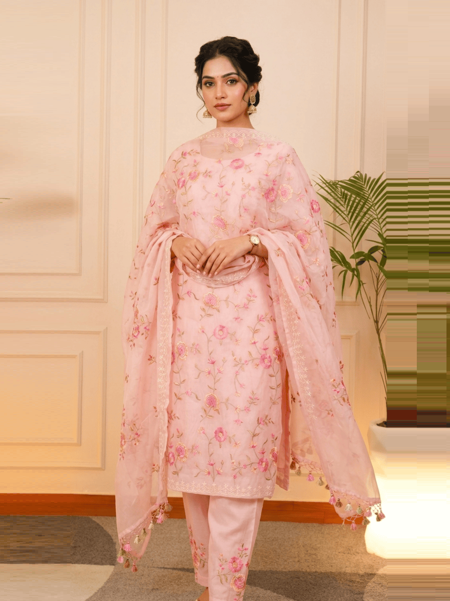 Blush Rose Floral Embroidered Organza Unstitched Suit Set