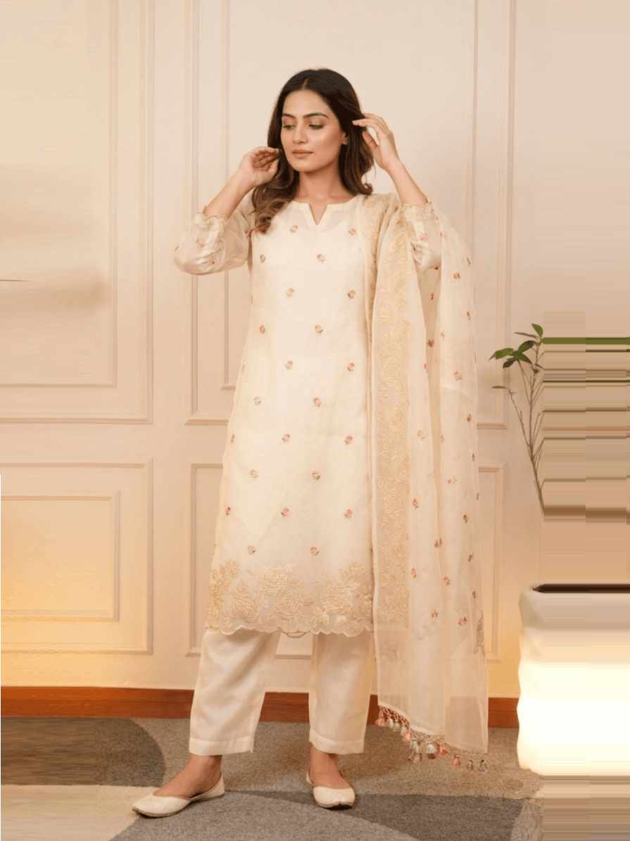 Meadow Mint Pure Organza Rose Embroidered Suit Set