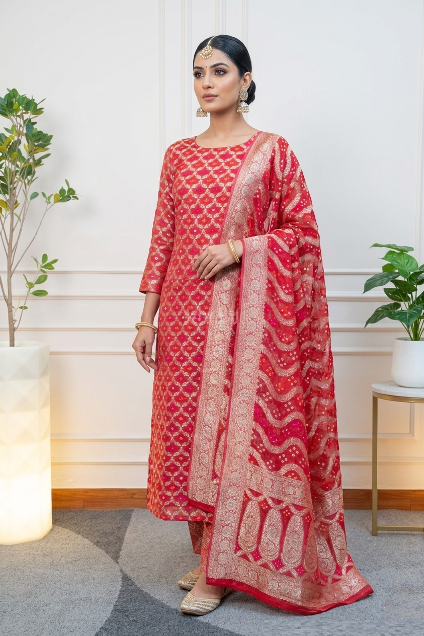 Classic Red & Gold Banarasi Unstitched Suit Set