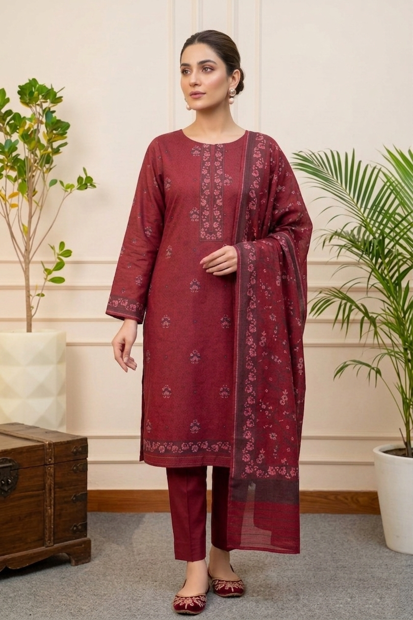 Deep Wine Floral Elegance Unstitched Suit Set