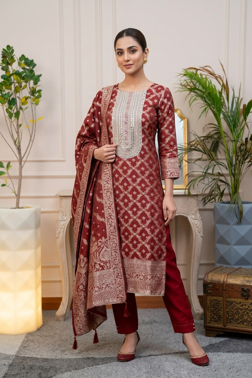 Royal Maroon Banarasi-Inspired Unstitched Set