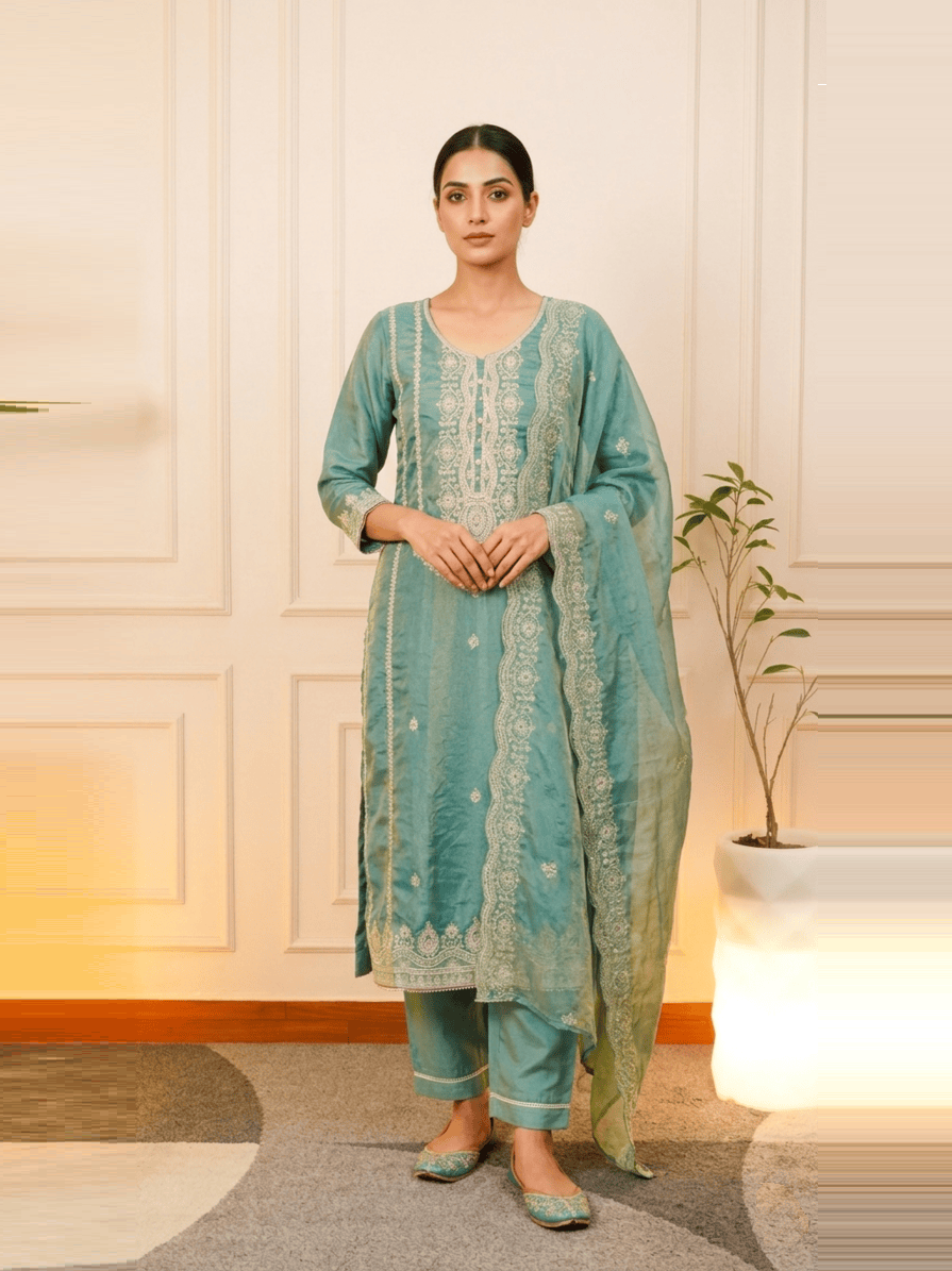 Sky Serenity Pure Organza Floral Embroidered Suit Set