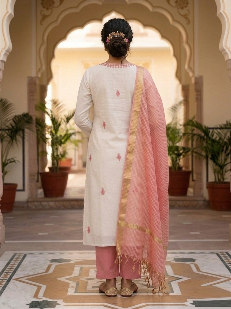 Ivory & Dusty Rose Cotton Voile Ensemble Suit Set