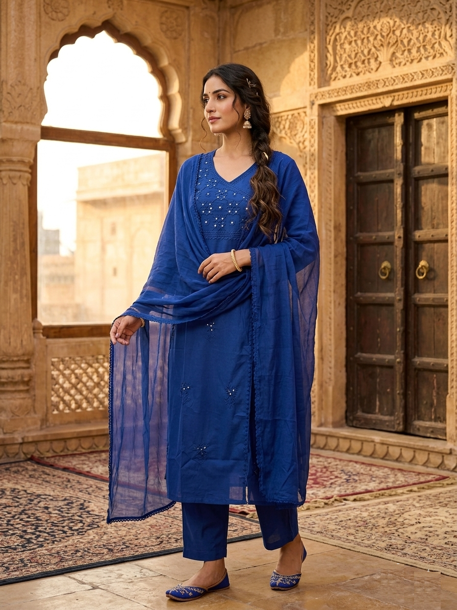 Royal Blue Embroidered Cotton-Silk Faux-Angrakha Suit Set