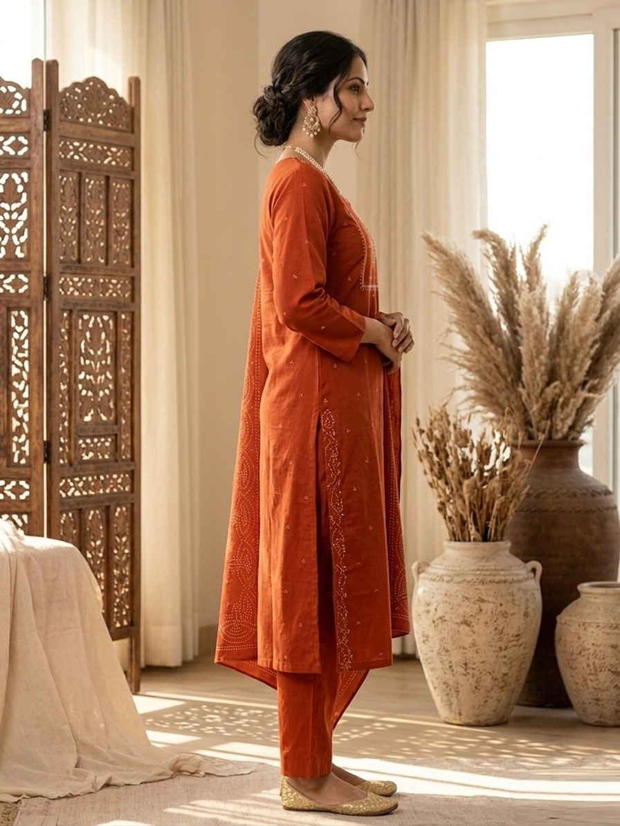 Burnt Orange Cotton Mul Chanderi Ensemble Suit Set