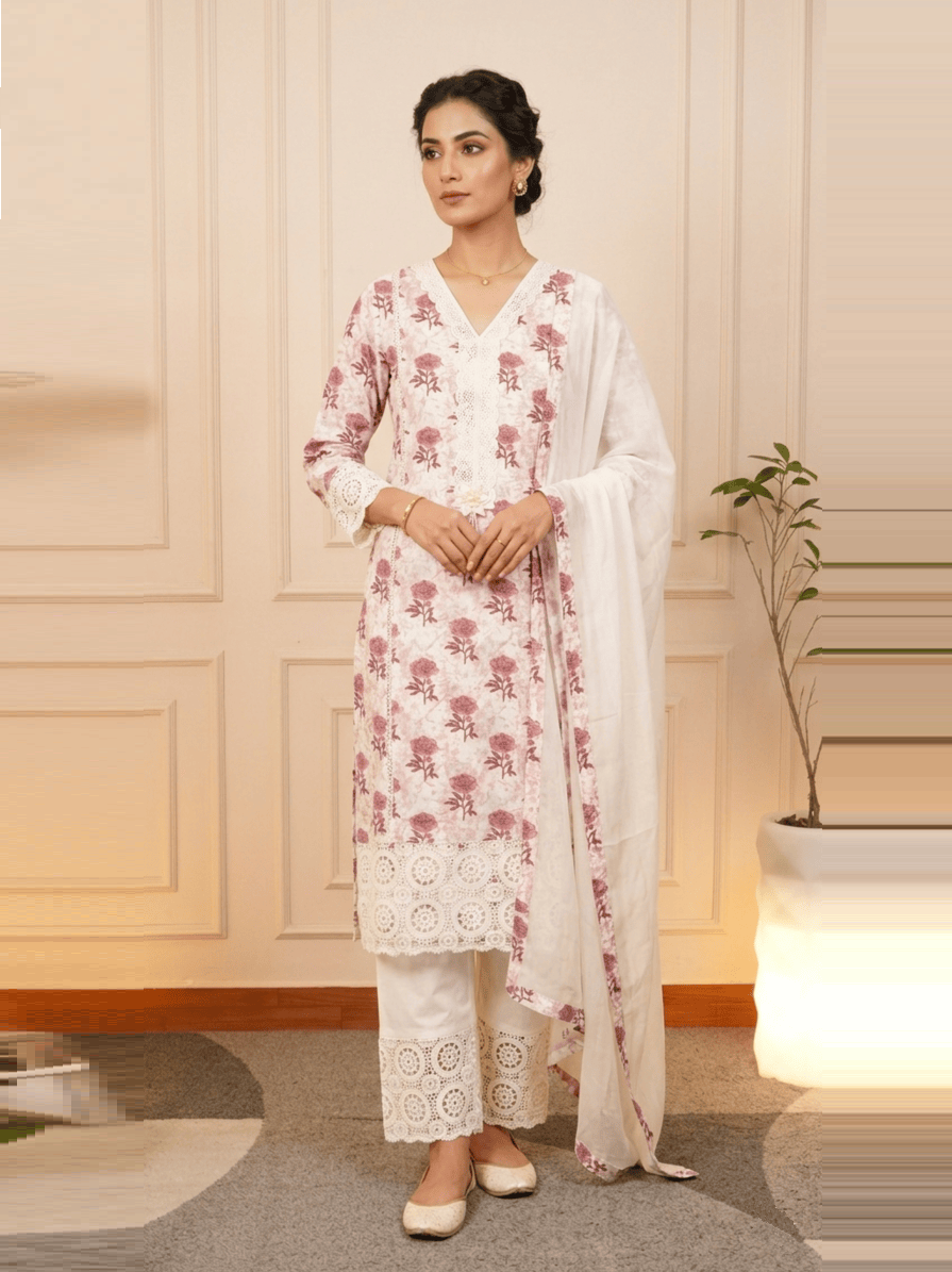 Ivory Sage Pure Organza Hand-Embroidered Suit Set