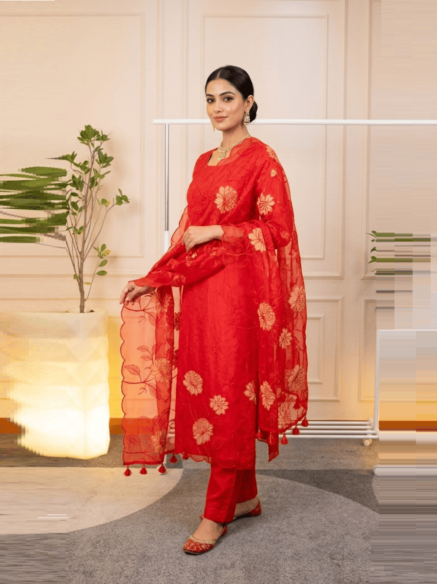 Scarlet Blossom Hand-Embroidered Organza Unstitched Suit Set