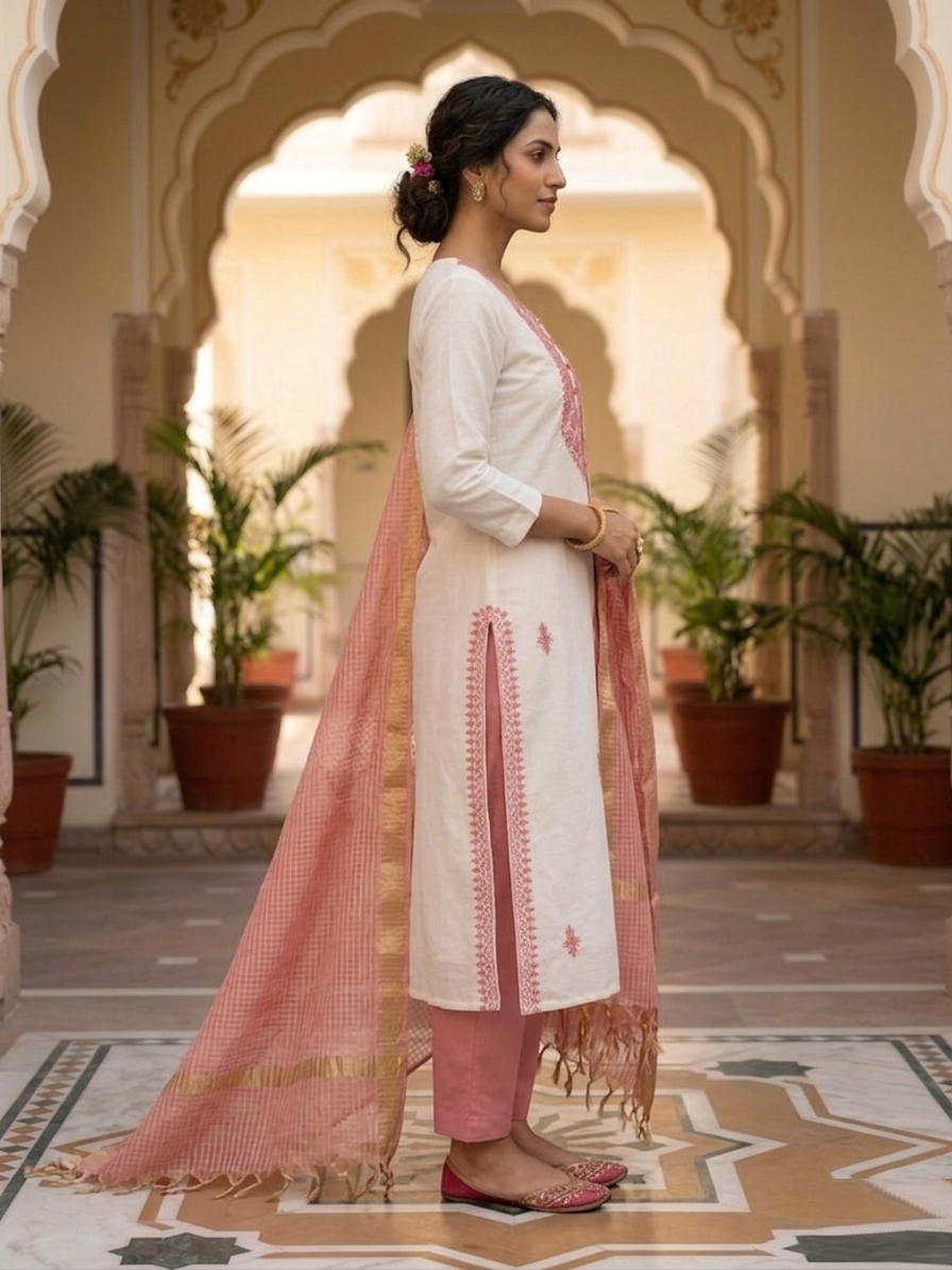 Ivory & Dusty Rose Cotton Voile Ensemble Suit Set