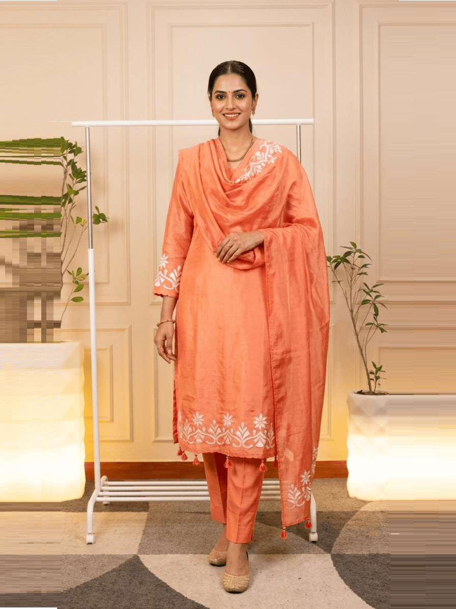 Product Name Peach Nectar Hand-Embroidered Satin Silk Unstitched Suit Set