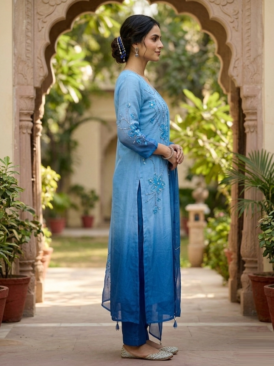 Women's Tartan Blue Ombre Georgette Silk Suit Set featuring floral applique work, Aari embroidery and hand zari work