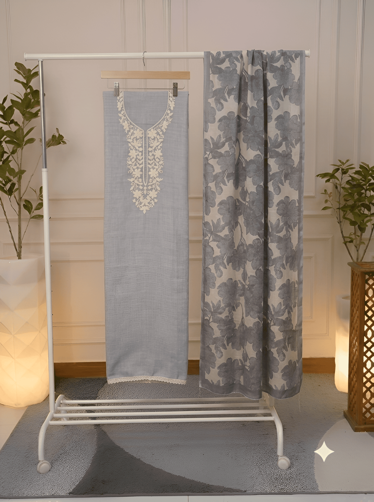 Grey Mist Suit Set with Printed Floral Dupatta – Jiashaanti
