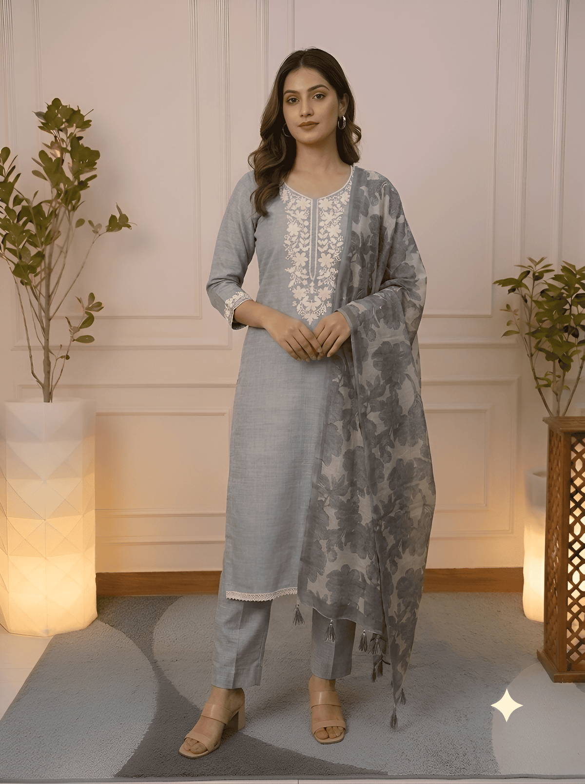 Grey Mist Floral Aari Work Unstitched Suit Set – Front View – Jiashaanti
