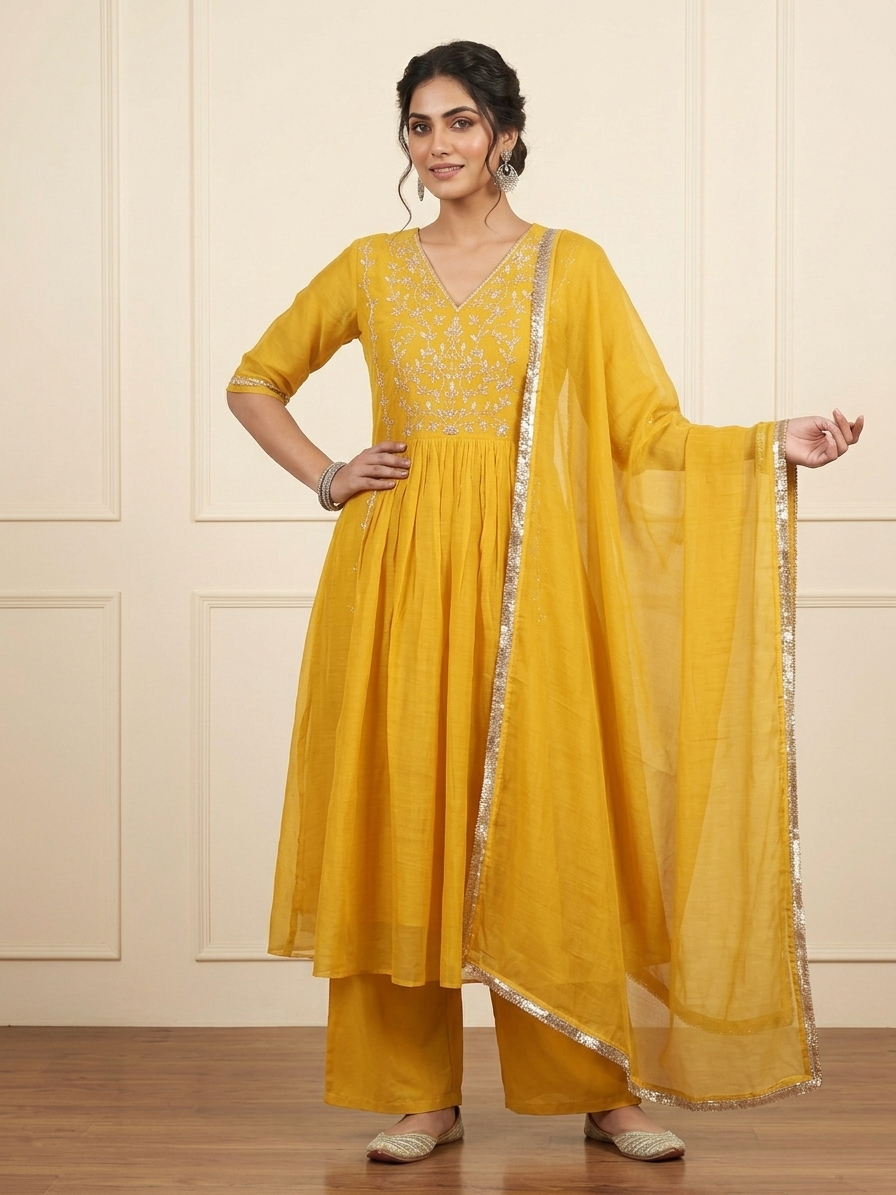 Haldi Yellow Mul Chanderi Suit Set front view featuring elegant embroidery, lightweight Mul Chanderi fabric and vibrant festive design