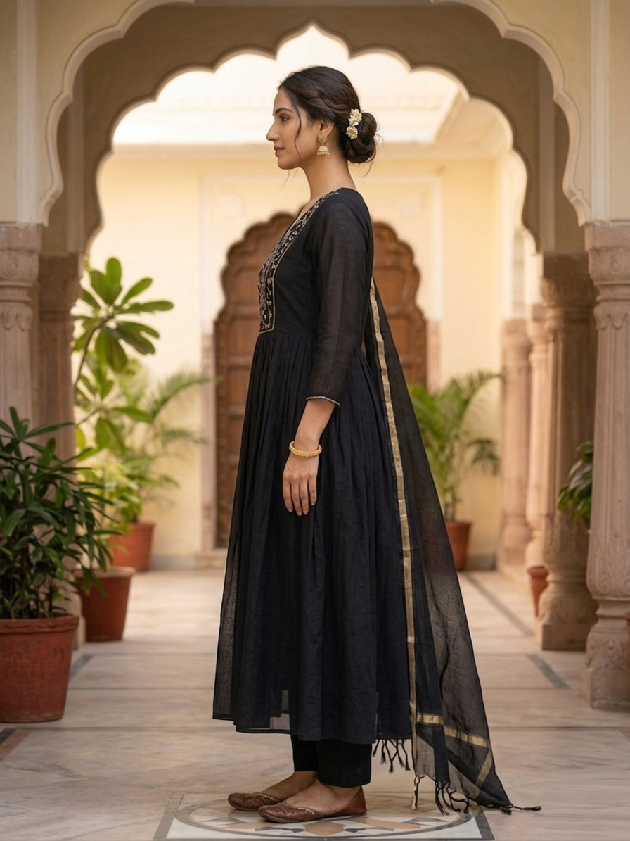 Deep Charcoal Cotton Mul Ensemble Suit Set Full Length View | Jiashaanti