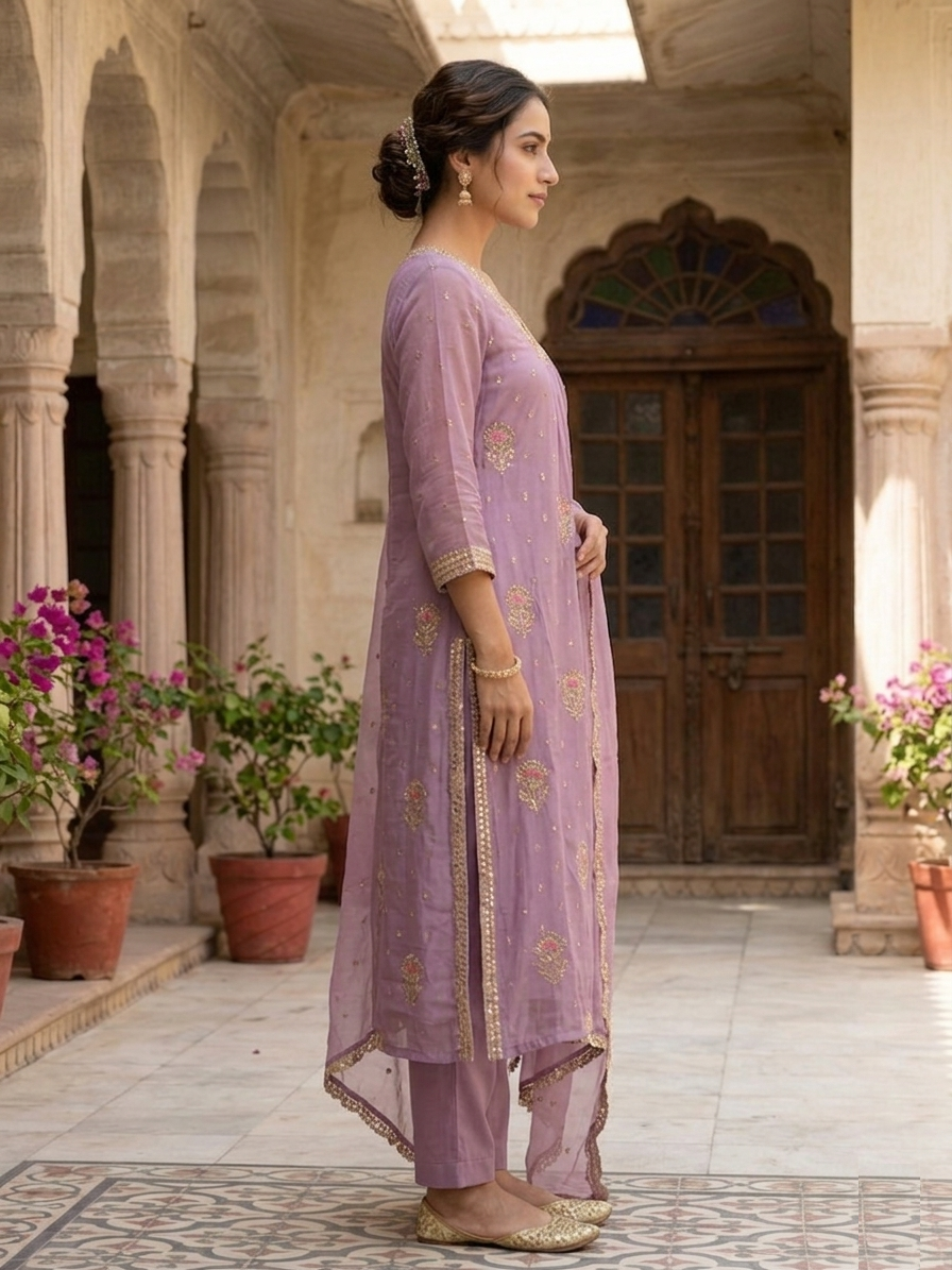 Floral Sequin Zari Chanderi Suit Set – Festive Ethnic Wear for Women | Jiashaanti