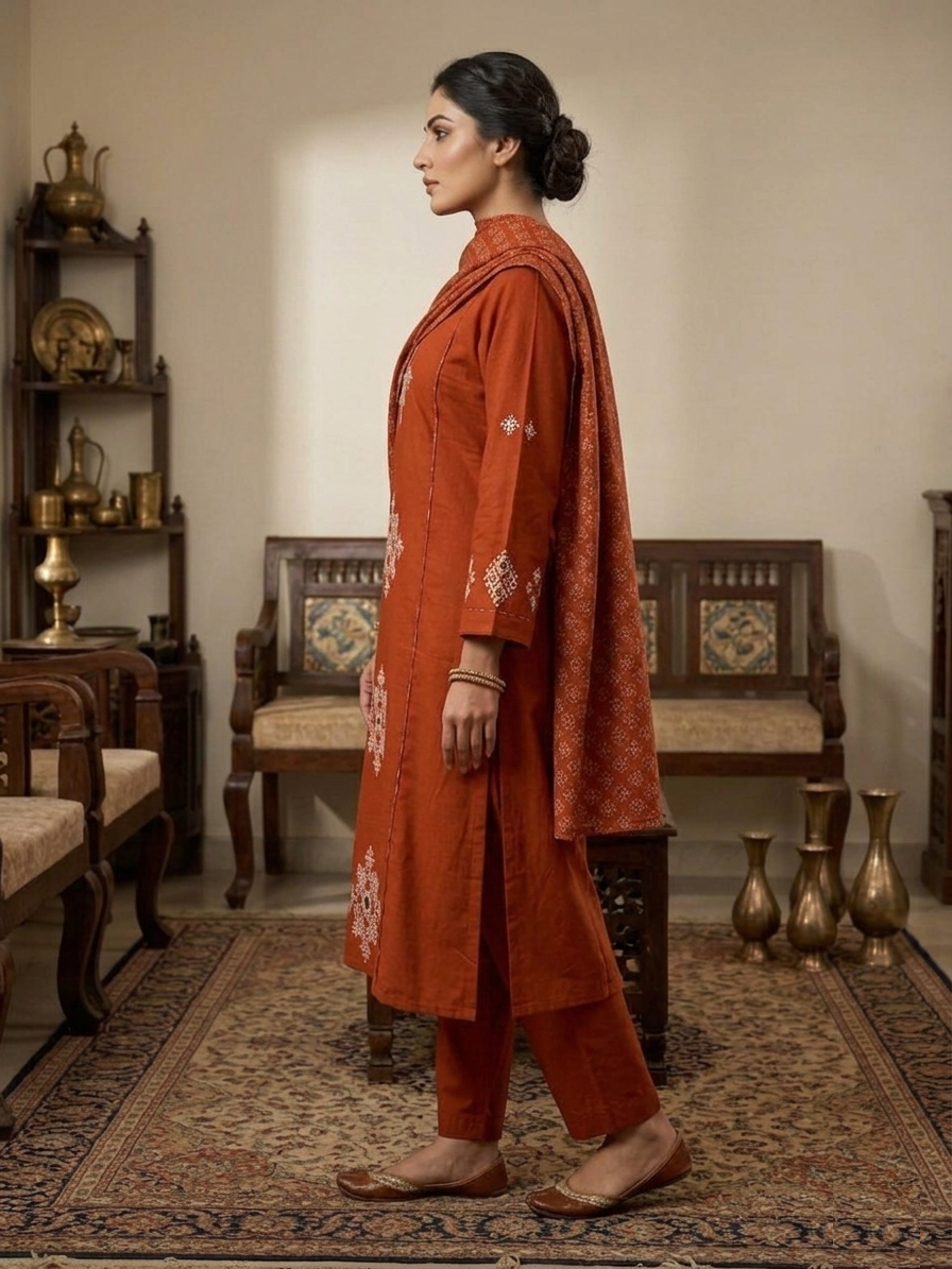 Burnt Orange Pure Cotton Ensemble Suit Set back view with resham embroidery, butti motifs and breathable cotton fabric