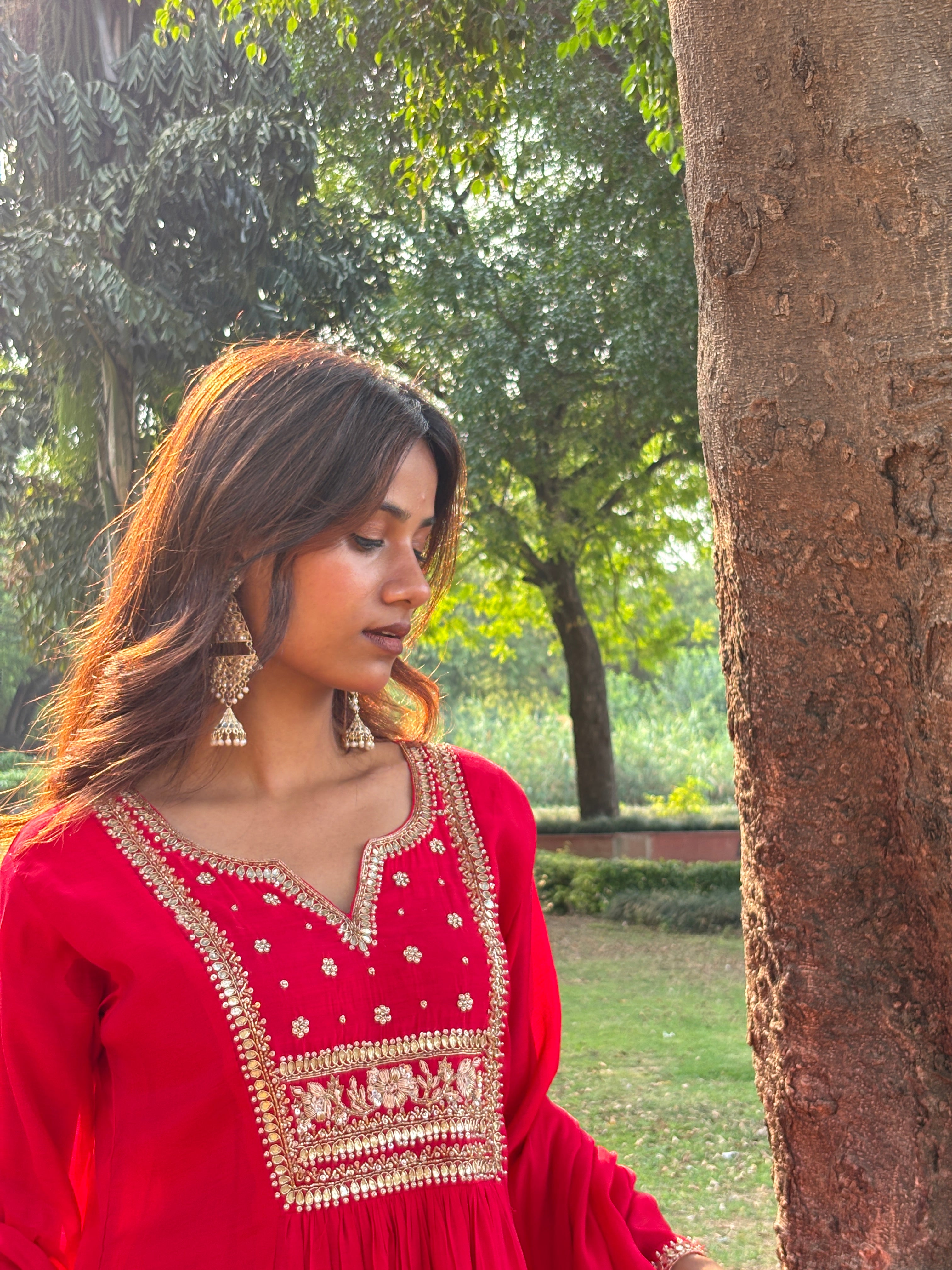 Ethereal Bloom Carmine Red Chanderi Stitched Suit Set