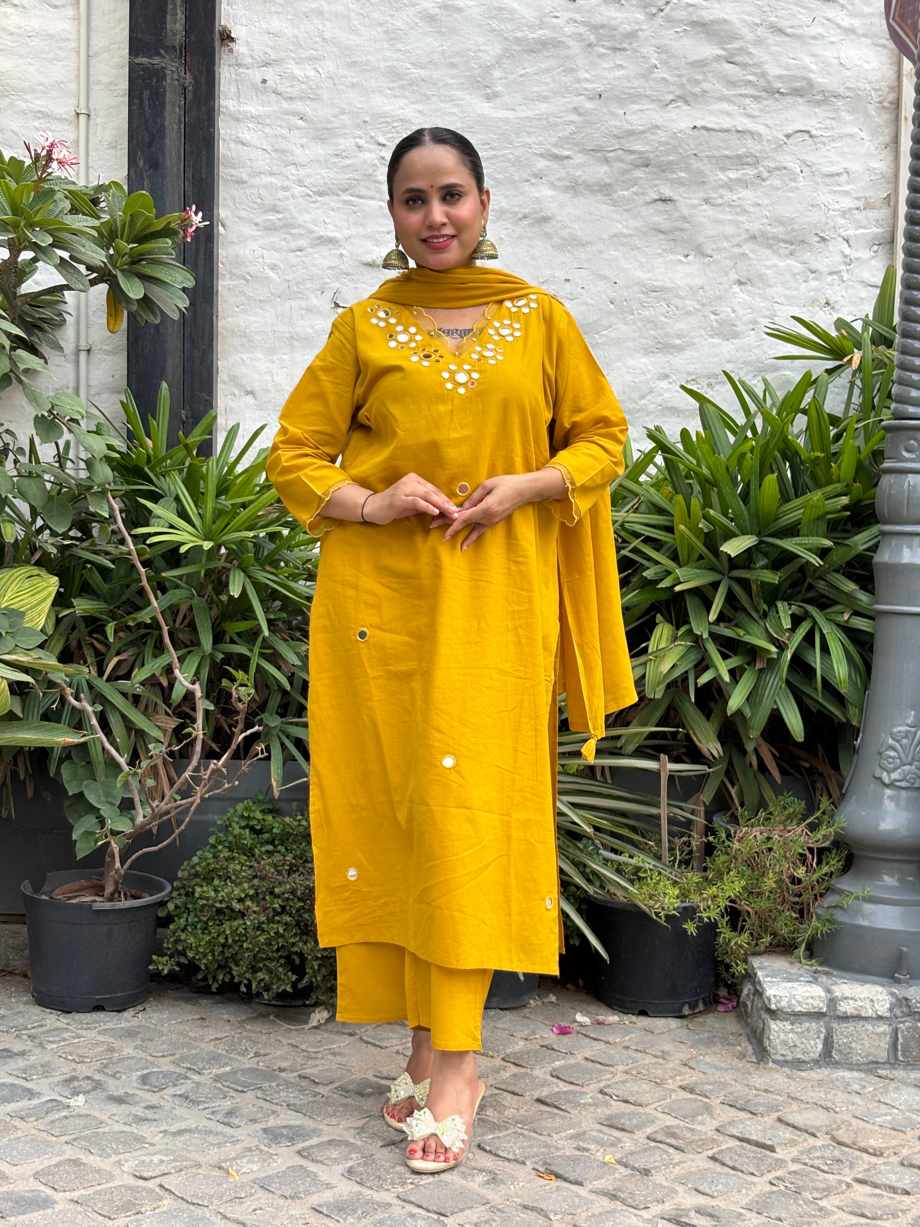 Mustard Yellow Mirror Work Cotton Straight Suit Set